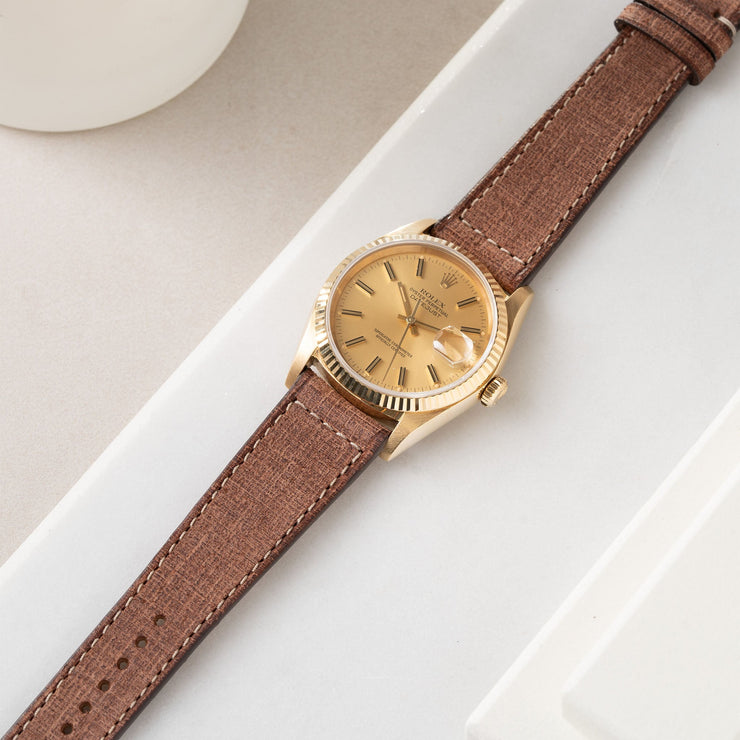 Linen Boxed Leather Watch Strap - Deep Brown