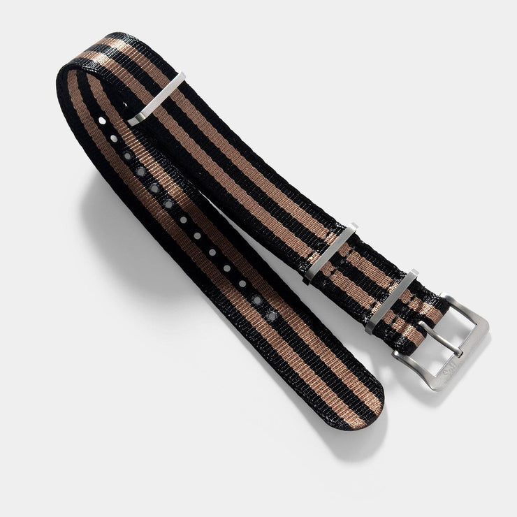 Deluxe Nylon Nato Watch Strap Black Two Stripe Bronze