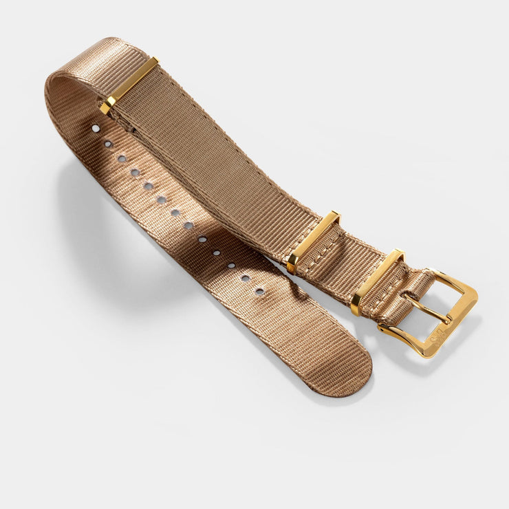 Deluxe Nylon Nato Watch Strap Coyote Brown - Gold