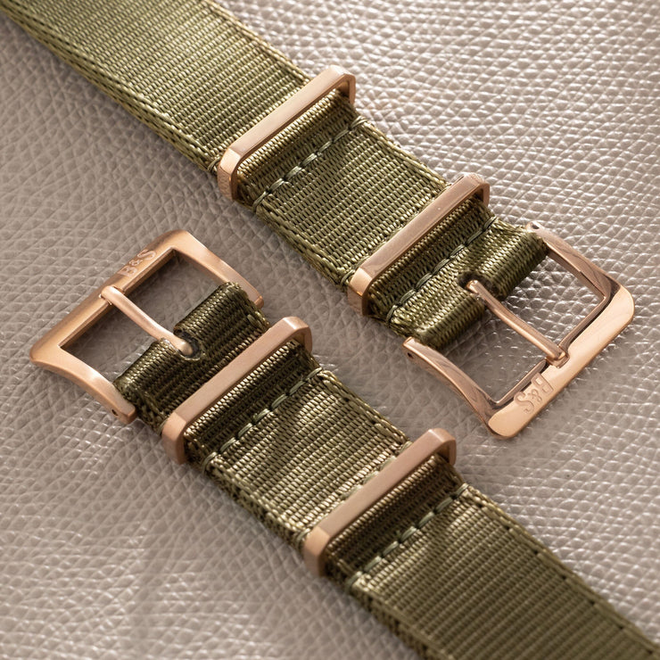 Deluxe Nylon Nato Watch Strap Olive Drab Green - Rose Gold Brushed