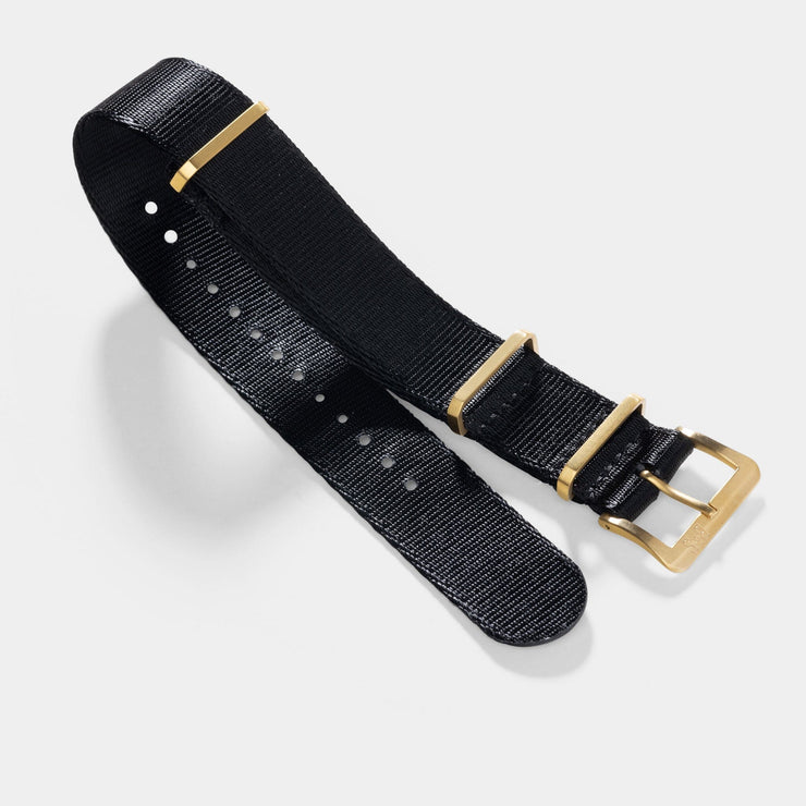 Deluxe Nylon Nato Watch Strap Pure Black - Gold Brushed