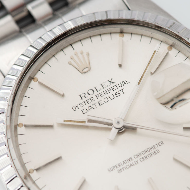 Rolex Datejust 16030 with Flat silver sunburst dial with vanilla patina on the lume plots