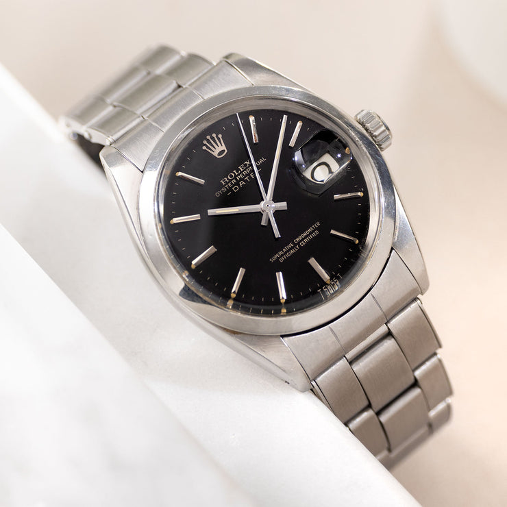 Rolex Oyster Perpetual Date Black Dial Silver Print "Upside Down" Ref 1500