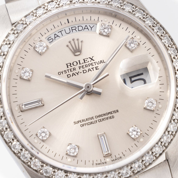 Rolex Day-date silver sunburst big diamond dial ref. 18046 in platinum