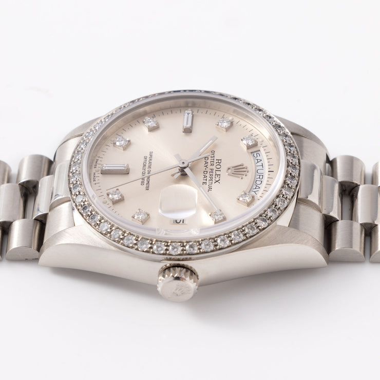 Rolex Day-date silver sunburst big diamond dial ref. 18046 in platinum