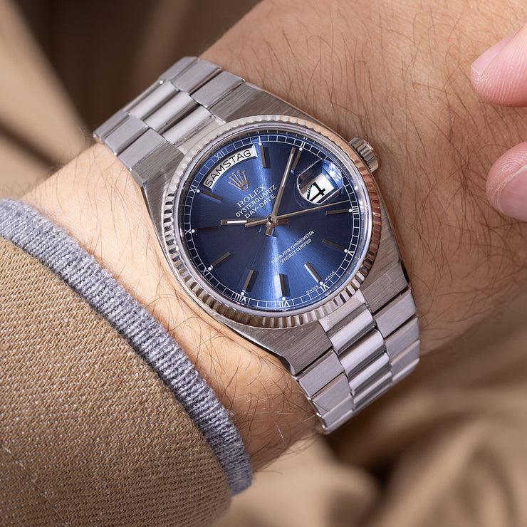 Rolex Day-date "Oysterquartz "in 18 k white gold blue dial ref 19019