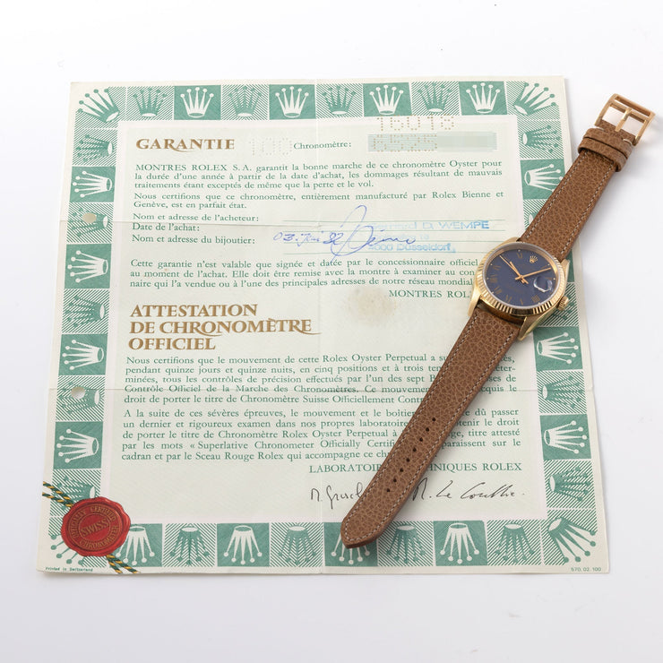 Rolex Datejust 16018 with Blue Buckley dial and original papers