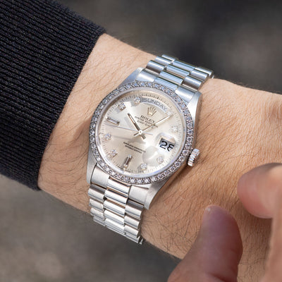 Rolex Day-date silver sunburst big diamond dial ref. 18046 in platinum