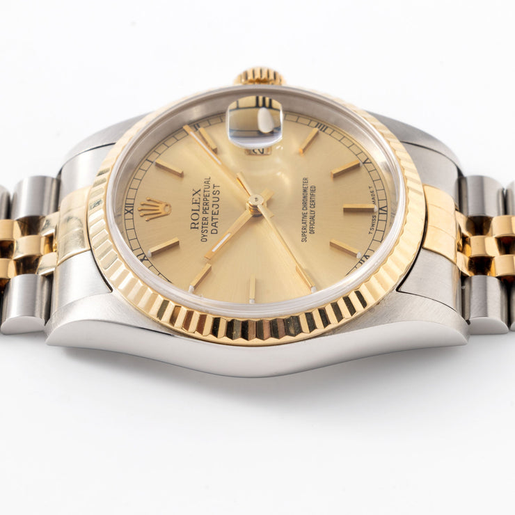 Rolex Datejust Steel and Gold Champagne Dial Box and Papers Ref 16233