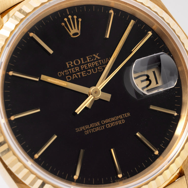 Rolex Datejust Yellow Gold Black Glossy Dial Ref 16018 