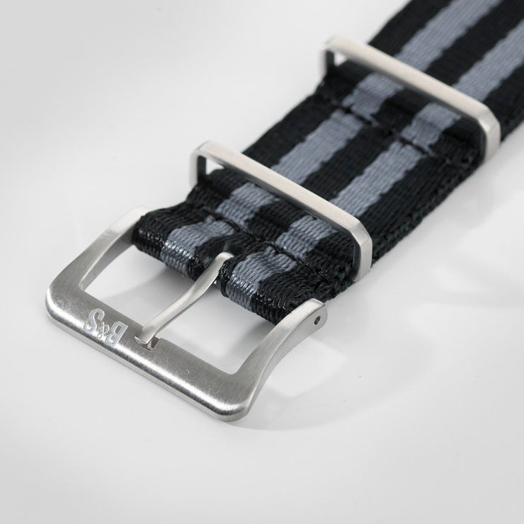 Deluxe Nylon Nato Watch Strap Black Two Stripes Grey